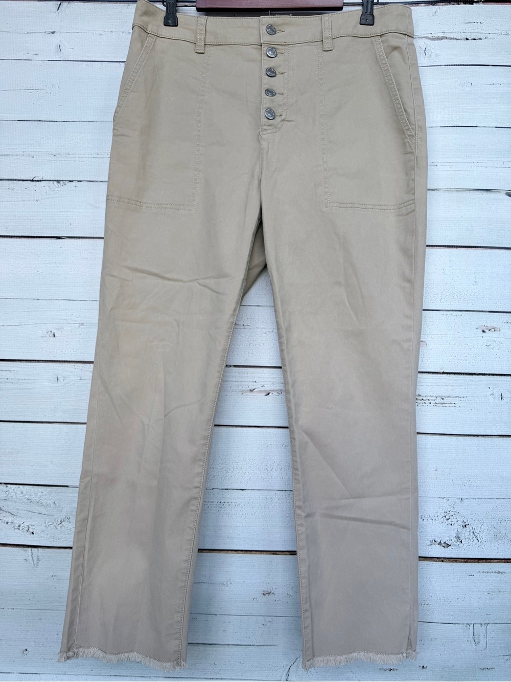 LOFT High Rise Button Fly Utility Patch Pocket Frayed Hem Pants Size 10